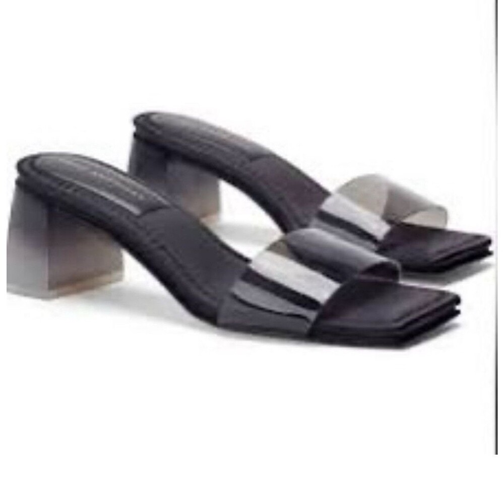 Good American Black Clear Strap Block Heel Sandals